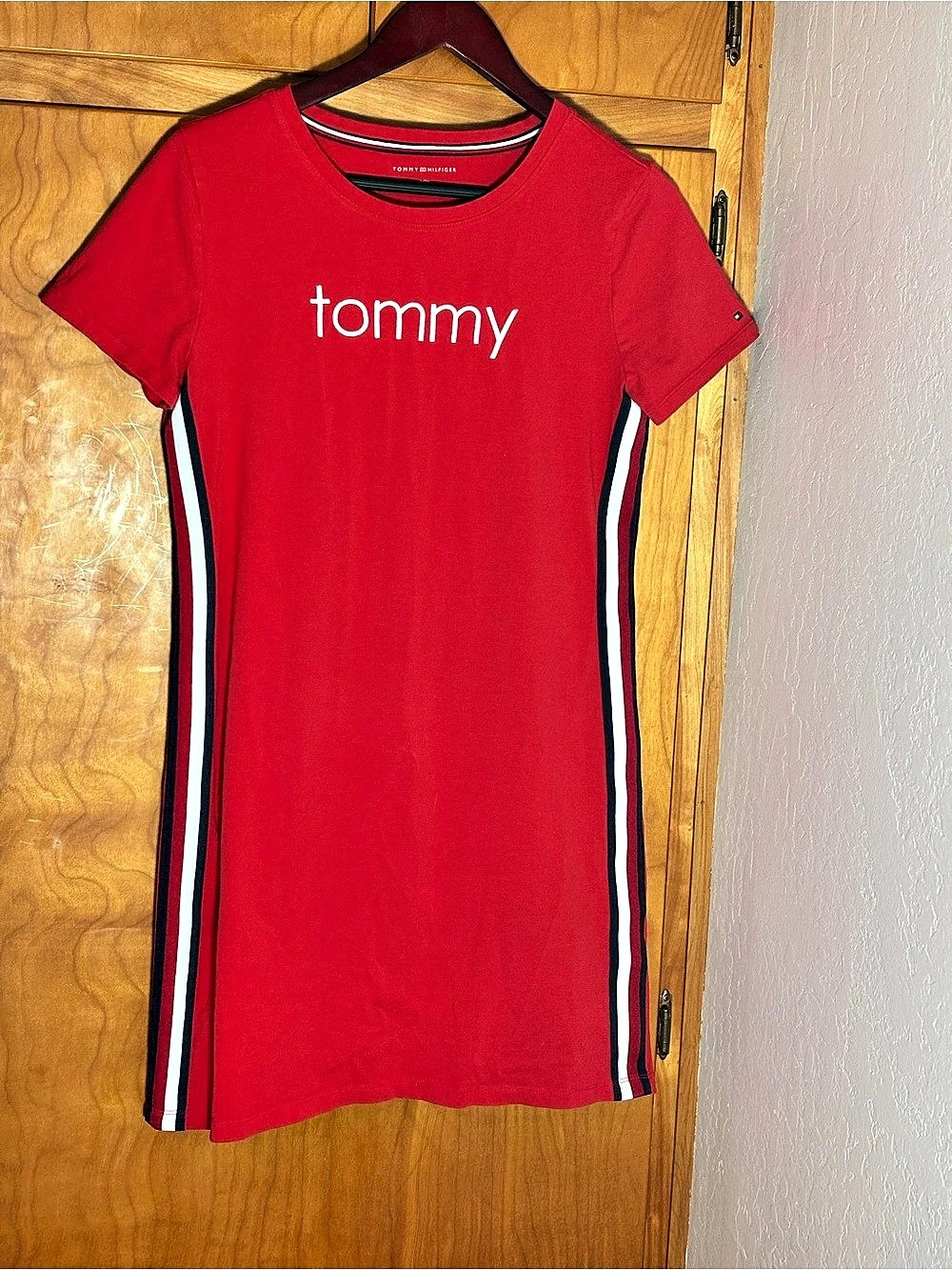 Tommy Hilfiger Logo Side Stripe T-Shirt Dress Red & White Small